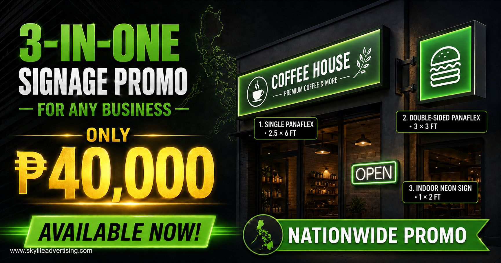 Custom 3-in-1 business signage package with Panaflex and indoor LED Neon signs by Skylite