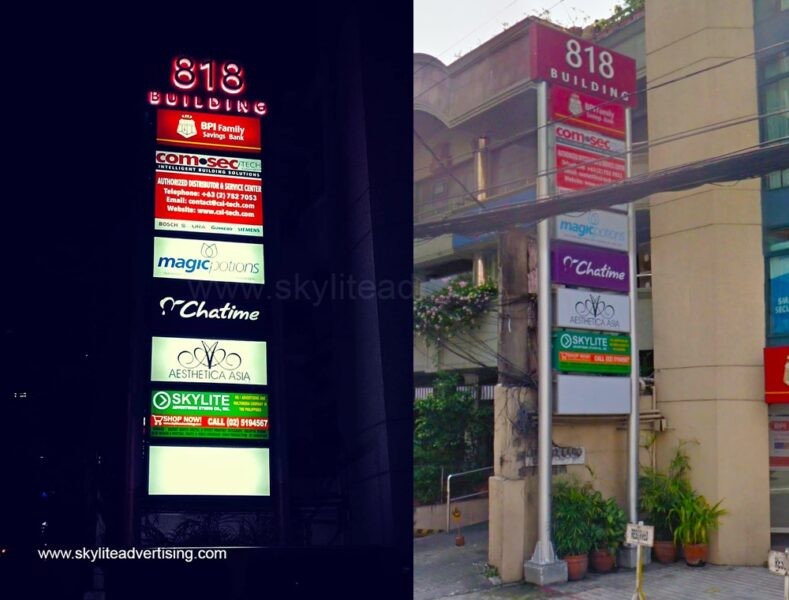 Pylon Sign with Top Building Signage and Panaflex Lightboxes