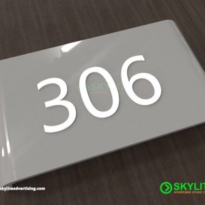 Room Number Sign Laser Cut Acrylic on Painted Fabricated Curved Gi Metal
