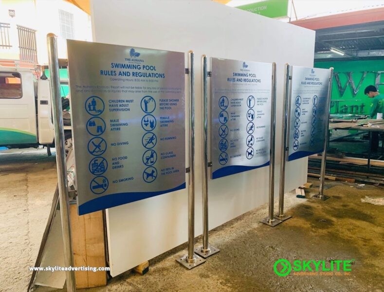 Stainless Etching Pool Signage with Stainless Post